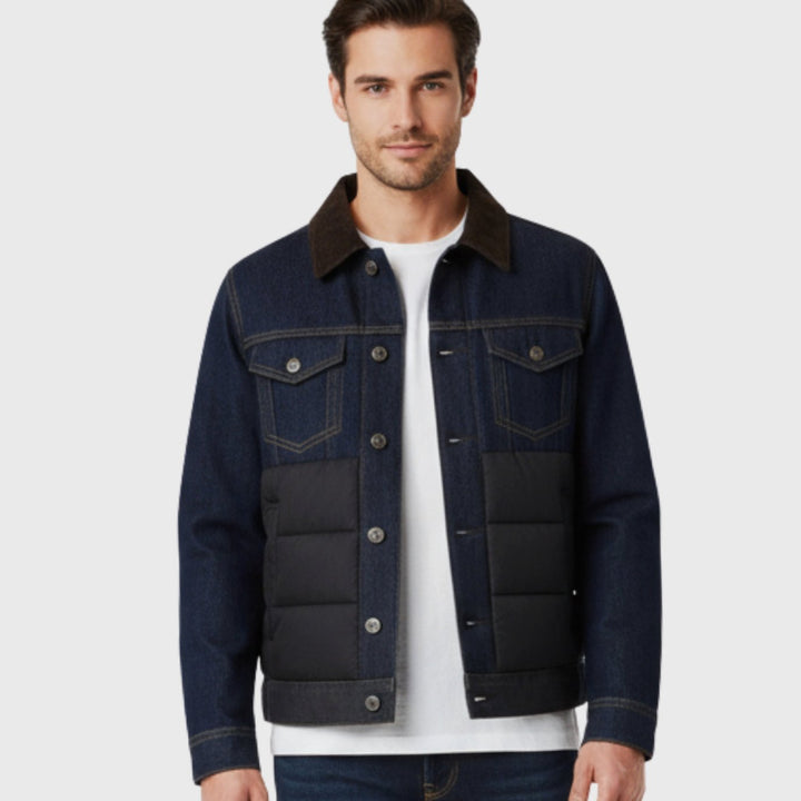Men's Quilted Denim Corduroy-Collar Button-Front Jacket