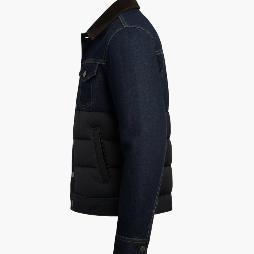 Men's Quilted Denim Corduroy-Collar Button-Front Jacket