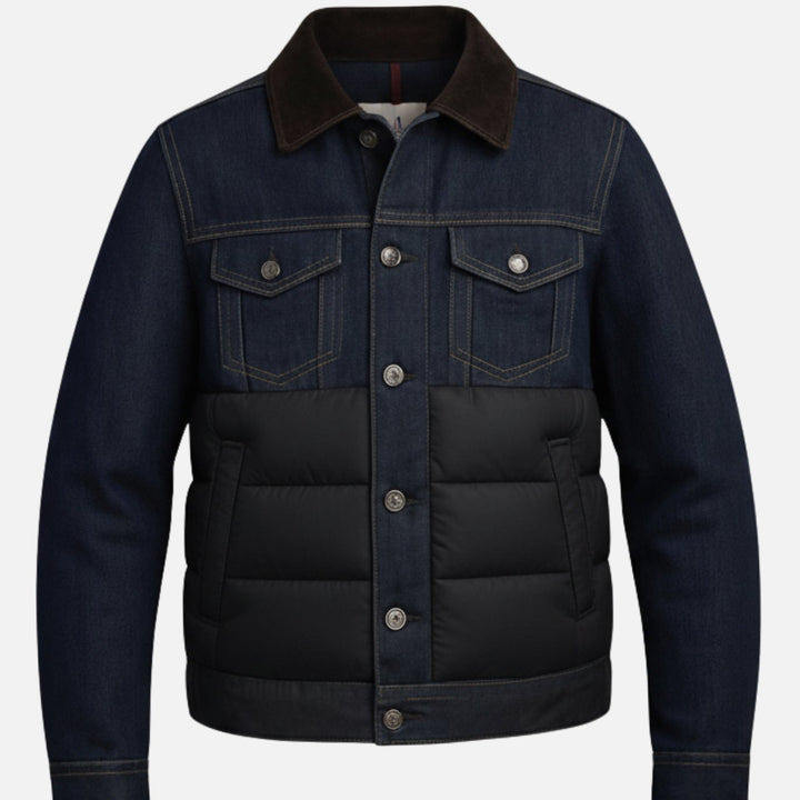 Men's Quilted Denim Corduroy-Collar Button-Front Jacket - Denim Blue