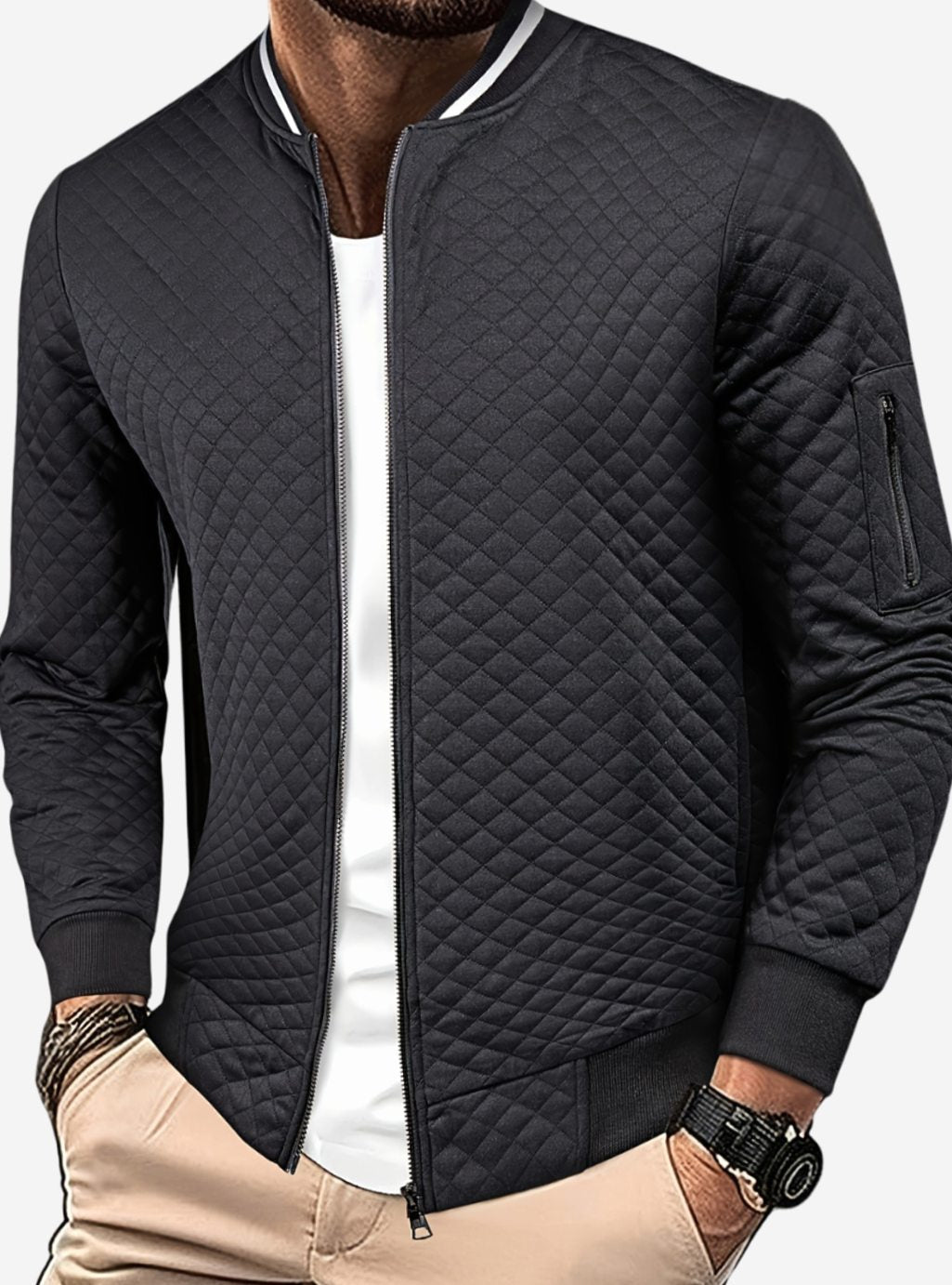 Men's Quilted Diamond Zip-Up Bomber Jacket