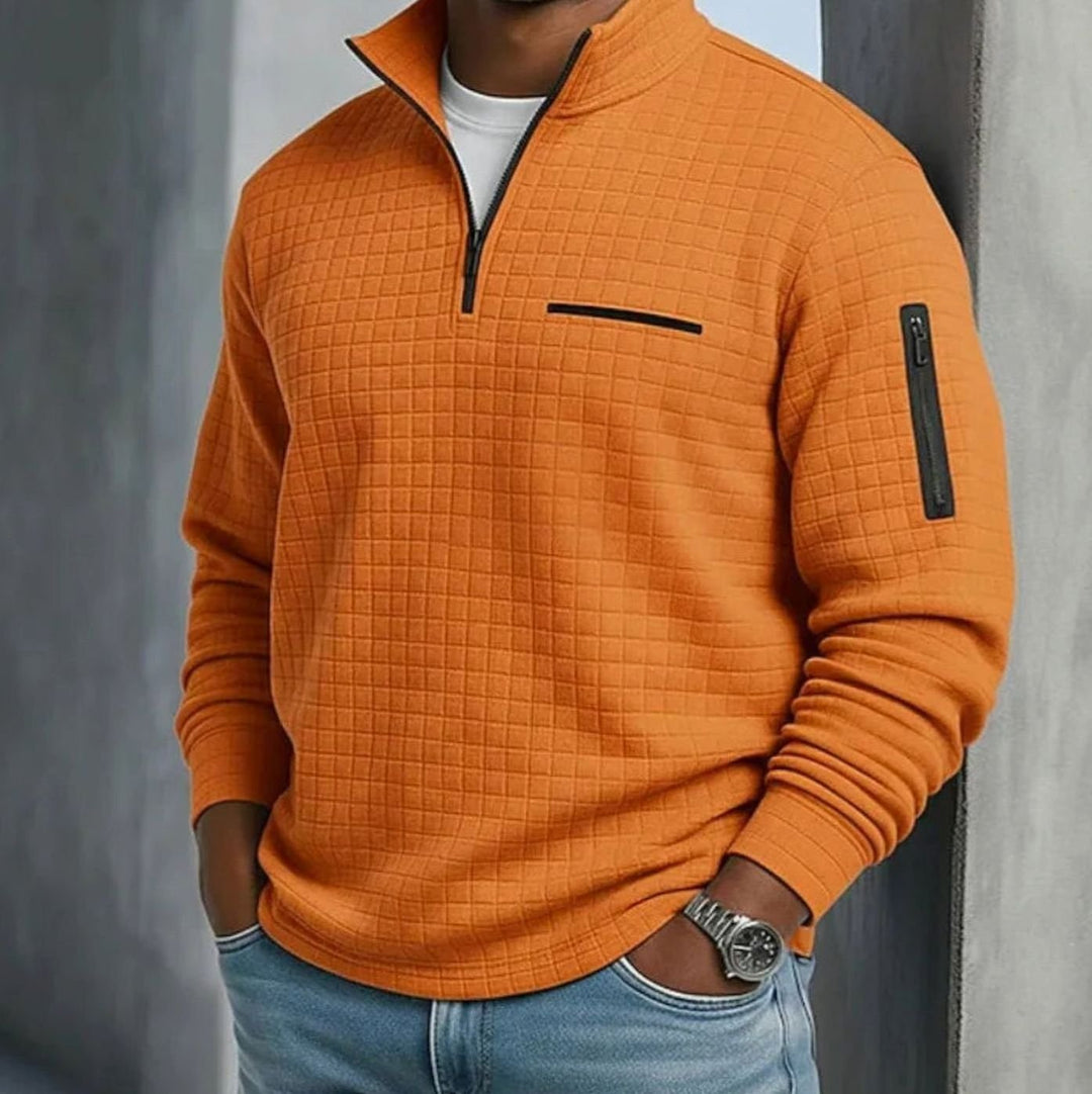 Men's Quilted Quarter-Zip Pullover Sweater Stand Collar - Orange