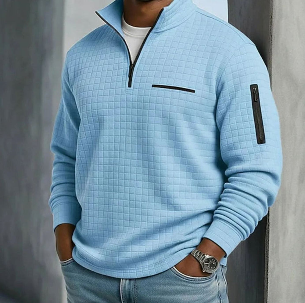 Men's Quilted Quarter-Zip Pullover Sweater Stand Collar - Blue