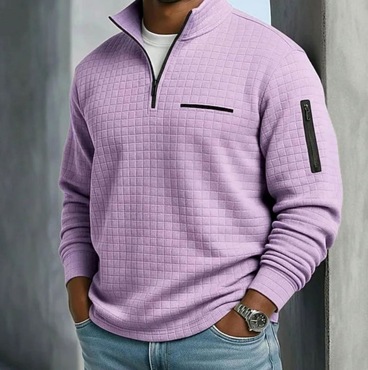Men's Quilted Quarter-Zip Pullover Sweater Stand Collar - Purple
