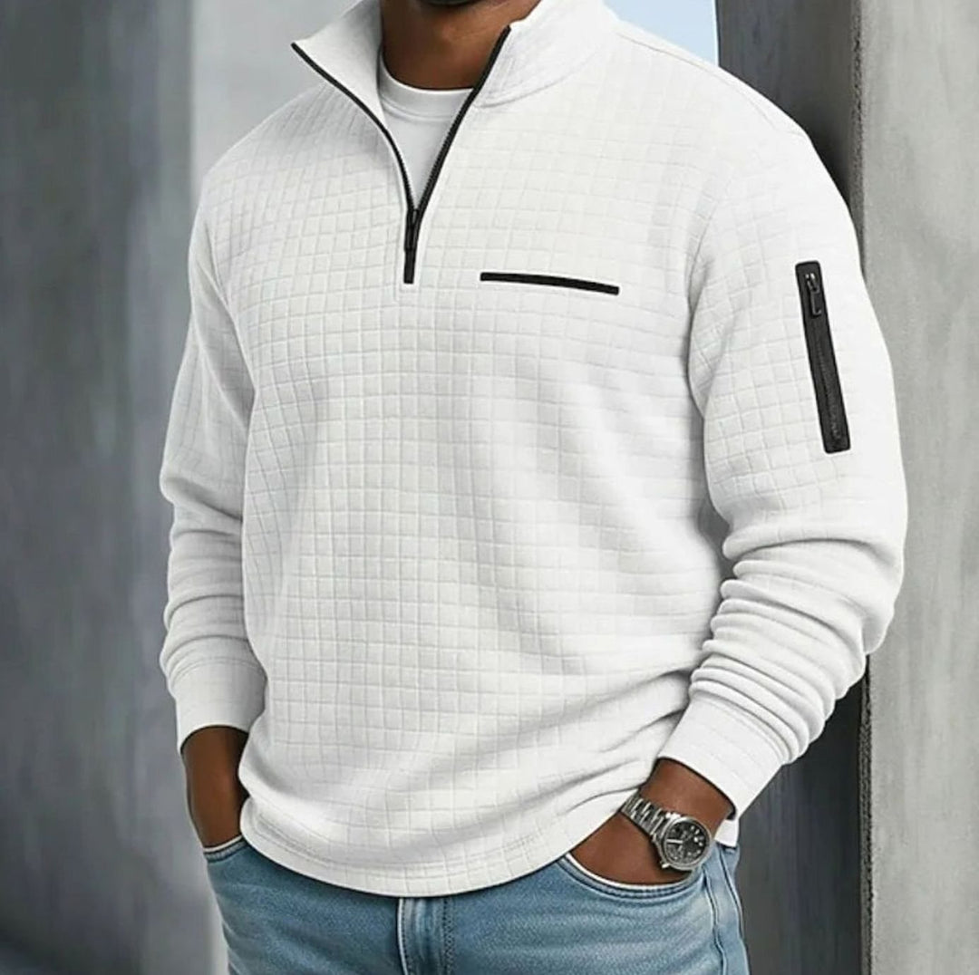 Men's Quilted Quarter-Zip Pullover Sweater Stand Collar - White