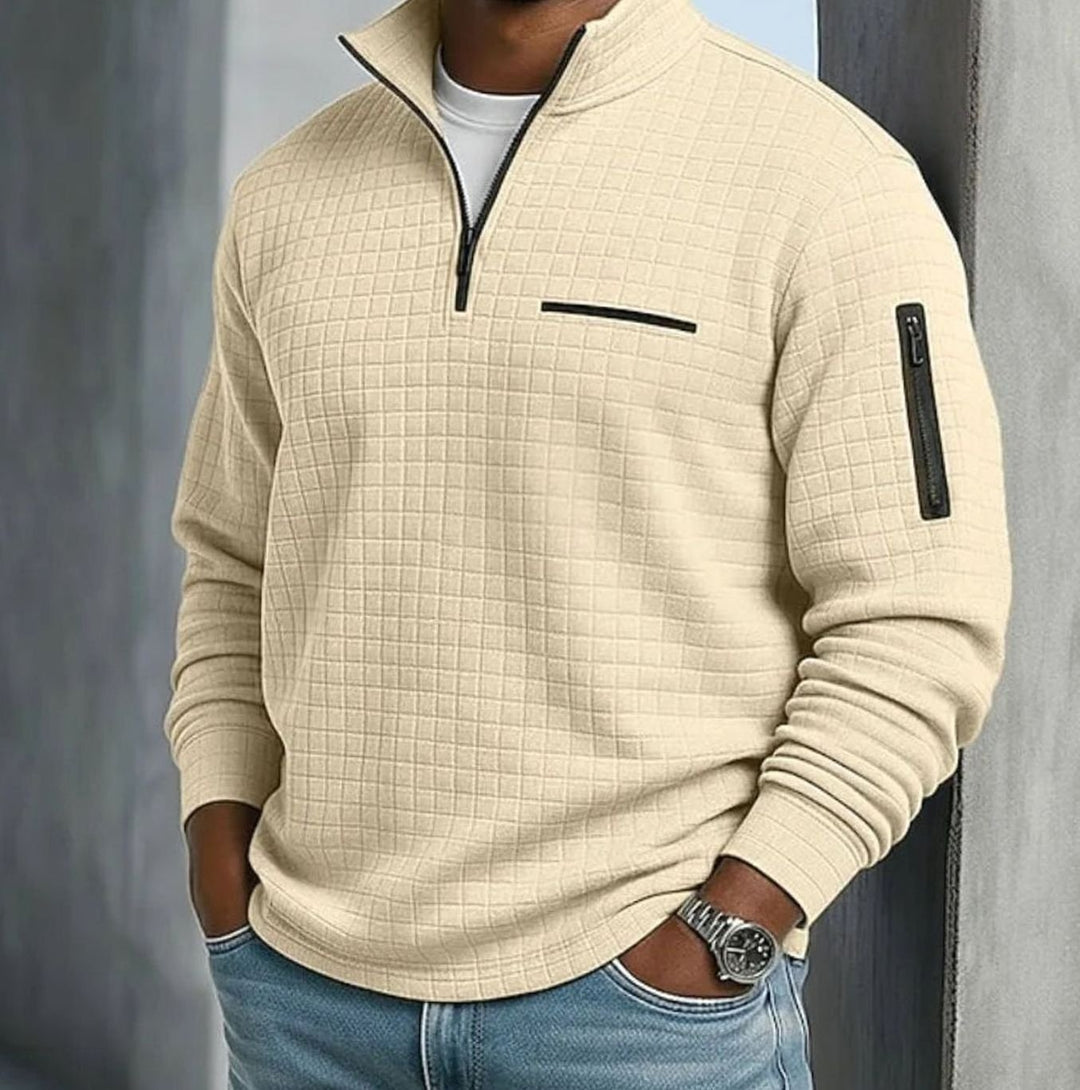 Men's Quilted Quarter-Zip Pullover Sweater Stand Collar - Beige