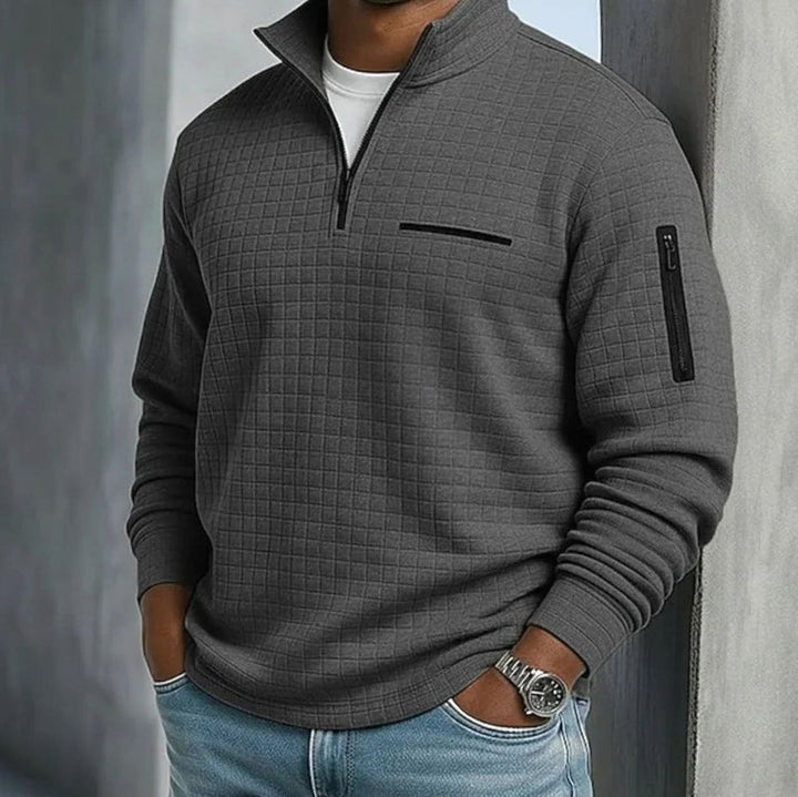 Men's Quilted Quarter-Zip Pullover Sweater Stand Collar - Dark Gray