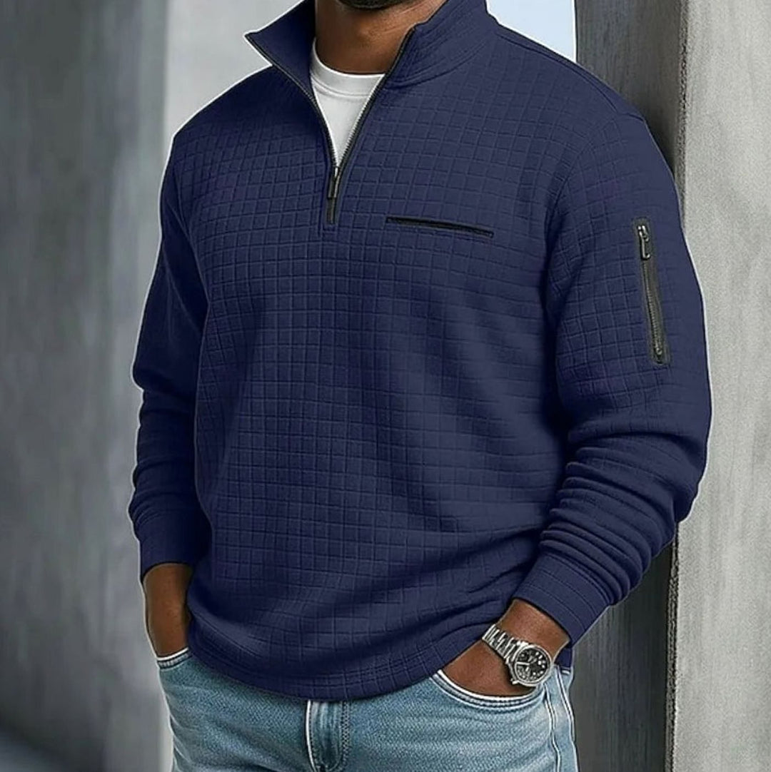 Men's Quilted Quarter-Zip Pullover Sweater Stand Collar - Navy Blue