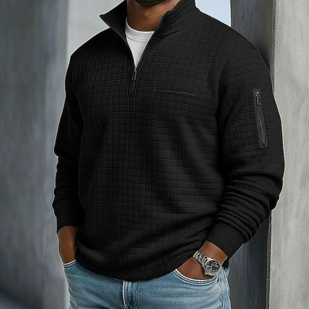 Men's Quilted Quarter-Zip Pullover Sweater Stand Collar - Black
