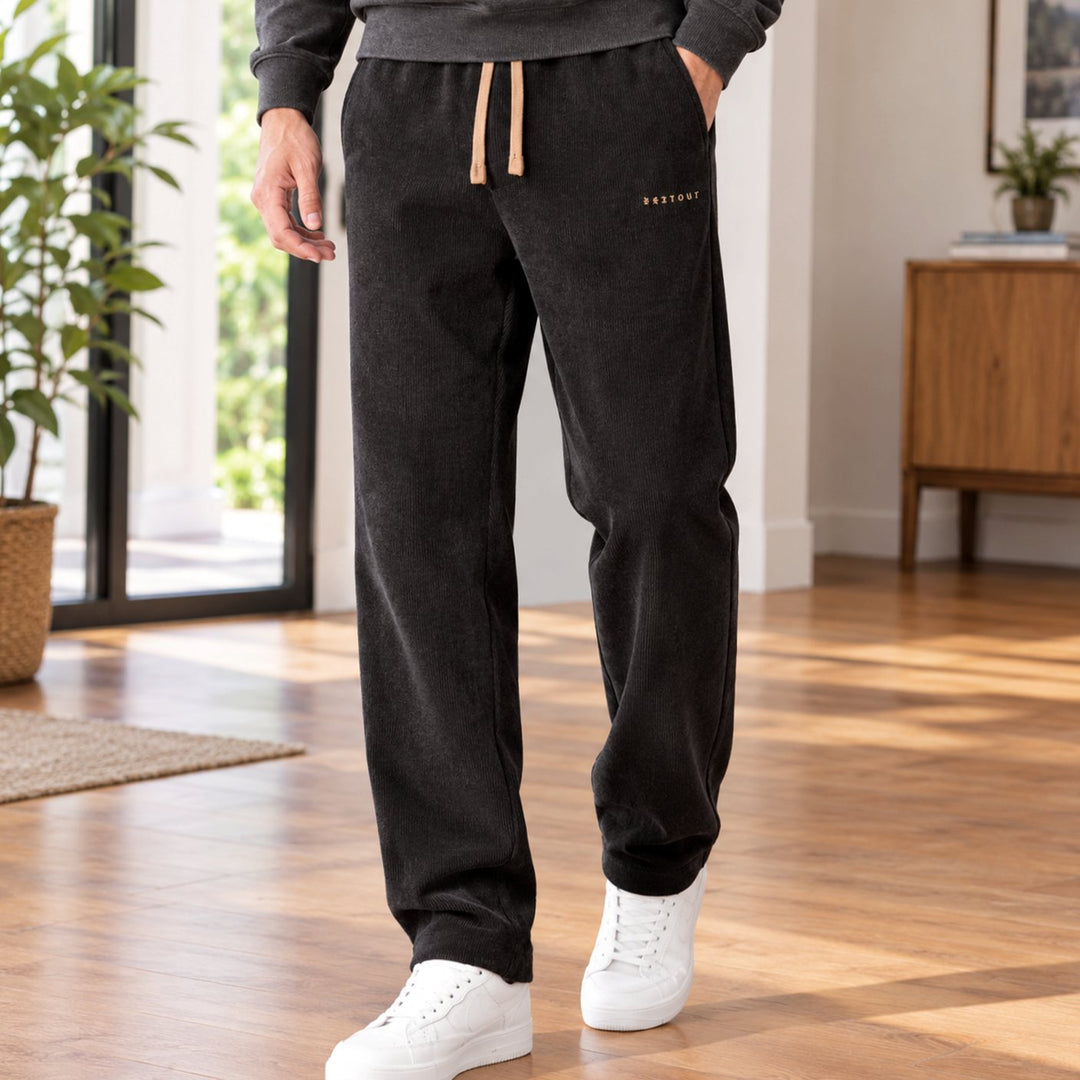 Men's Relaxed Straight-Leg Corduroy Drawstring Pants - Black