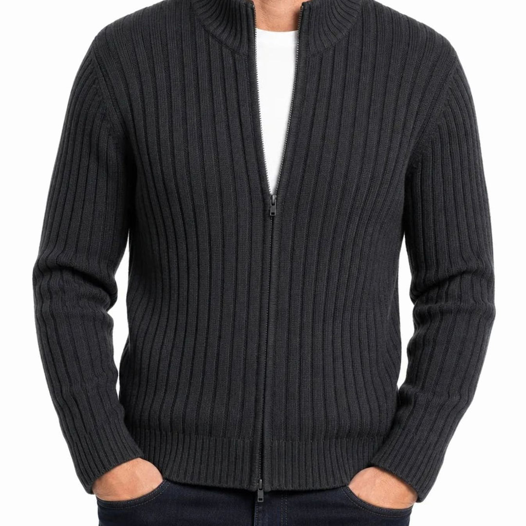 Men's Ribbed Full-Zip Stand-Collar Knit Cardigan Sweater - Black