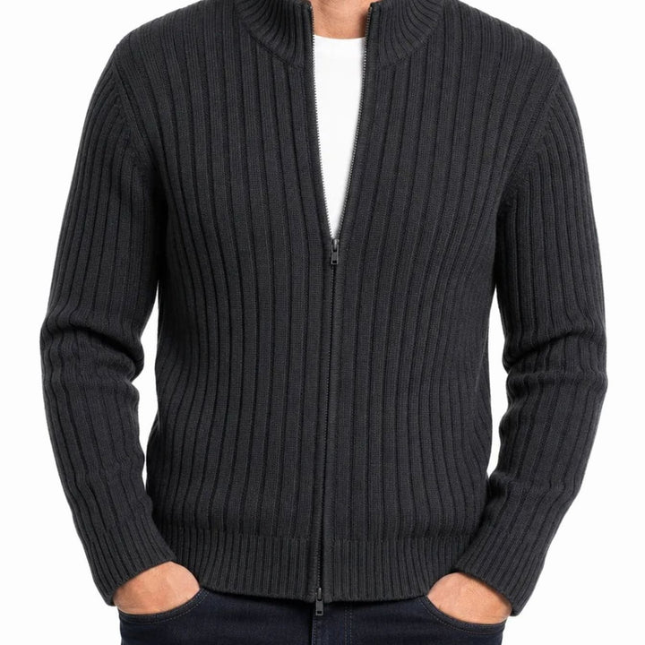 Men's Ribbed Full-Zip Stand-Collar Knit Cardigan Sweater - Black