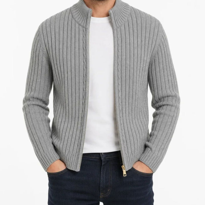 Men's Ribbed Full-Zip Stand-Collar Knit Cardigan Sweater - Gray