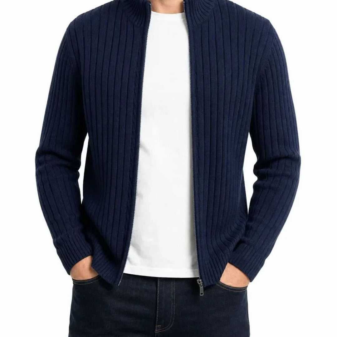 Men's Ribbed Full-Zip Stand-Collar Knit Cardigan Sweater - Blue