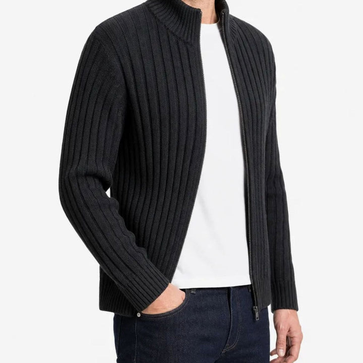 Men's Ribbed Full-Zip Stand-Collar Knit Cardigan Sweater