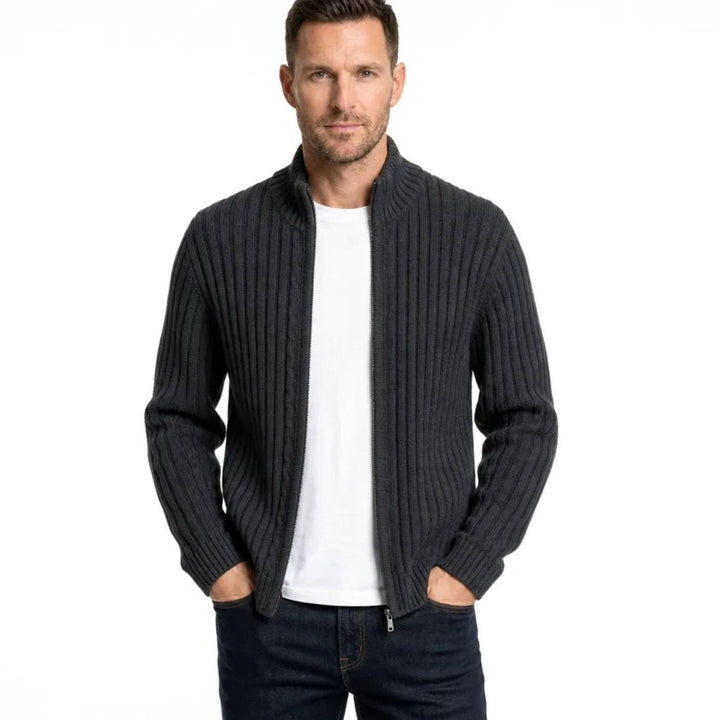 Men's Ribbed Full-Zip Stand-Collar Knit Cardigan Sweater