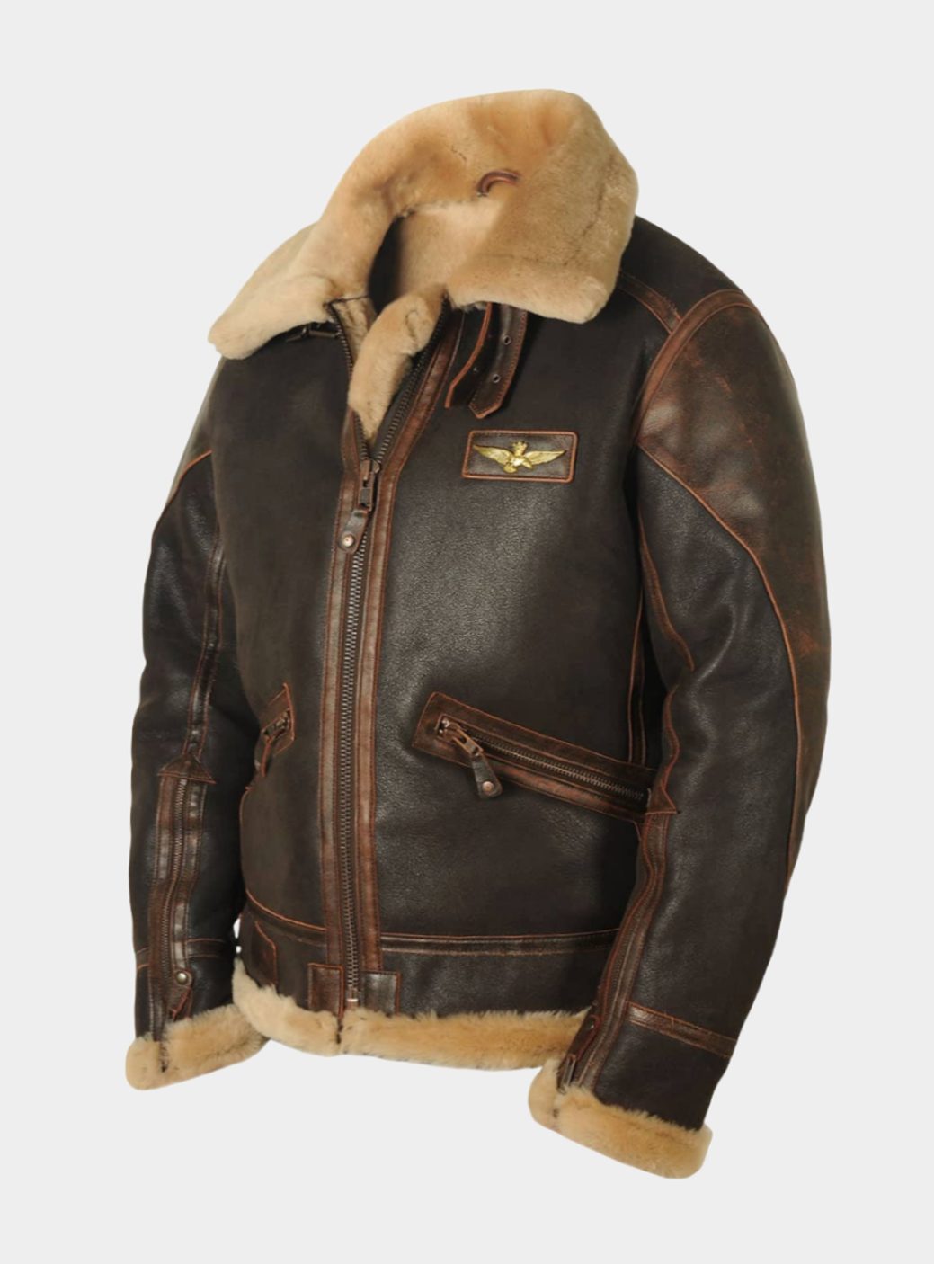 Men's Shearling B-3 Bomber Zip-Up Leather Flight Jacket