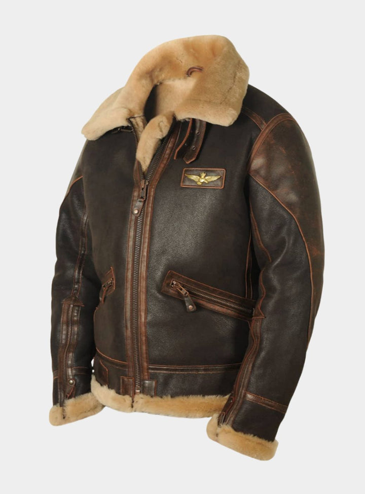 Men's Shearling B-3 Bomber Zip-Up Leather Flight Jacket