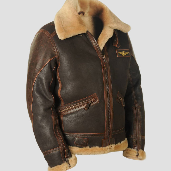 Men's Shearling B-3 Bomber Zip-Up Leather Flight Jacket - Brown