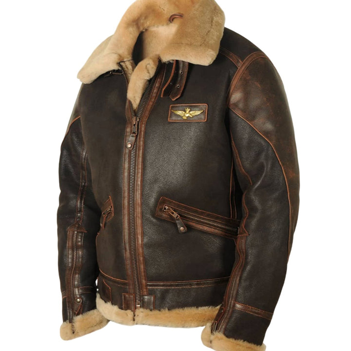 Men's Shearling B-3 Bomber Zip-Up Leather Flight Jacket