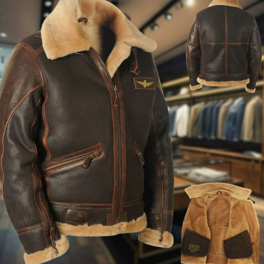 Men's Shearling B-3 Bomber Zip-Up Leather Flight Jacket