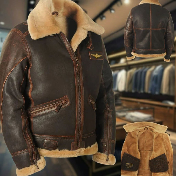 Men's Shearling B-3 Bomber Zip-Up Leather Flight Jacket
