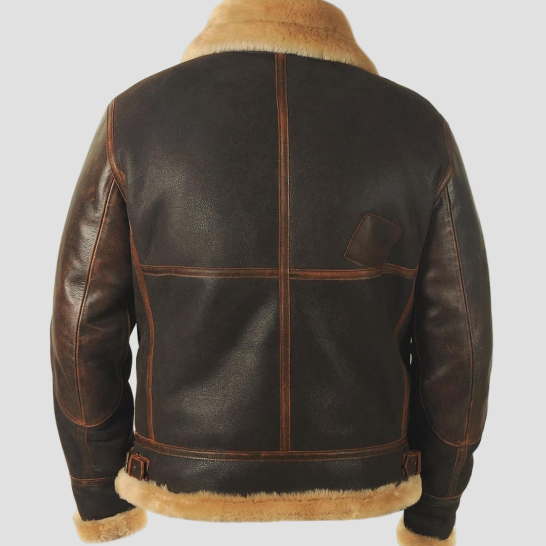 Men's Shearling B-3 Bomber Zip-Up Leather Flight Jacket