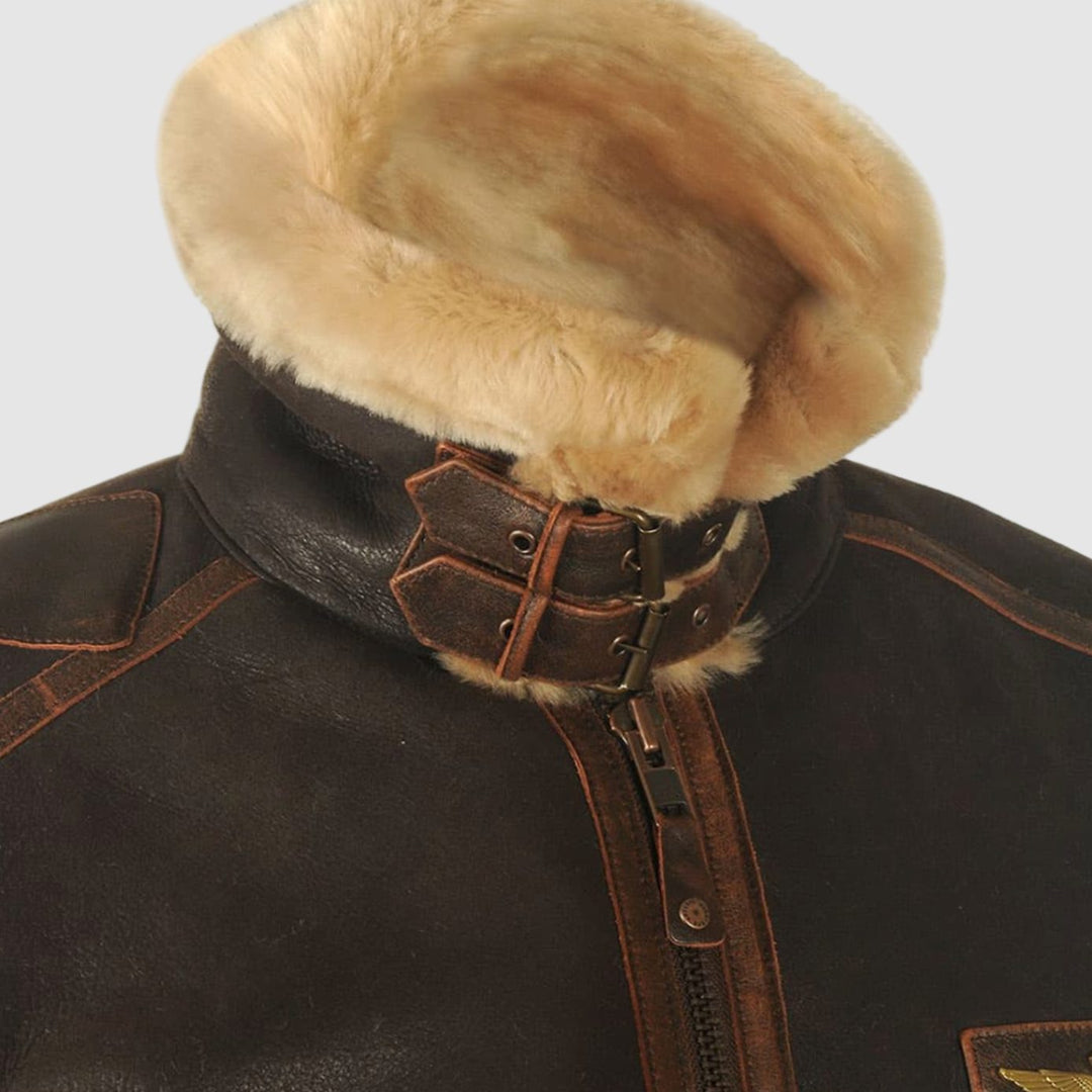Men's Shearling B-3 Bomber Zip-Up Leather Flight Jacket
