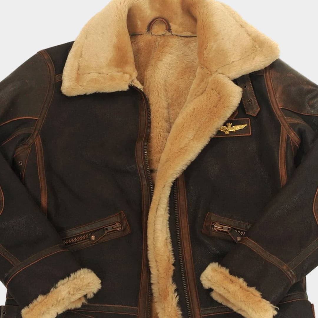 Men's Shearling B-3 Bomber Zip-Up Leather Flight Jacket