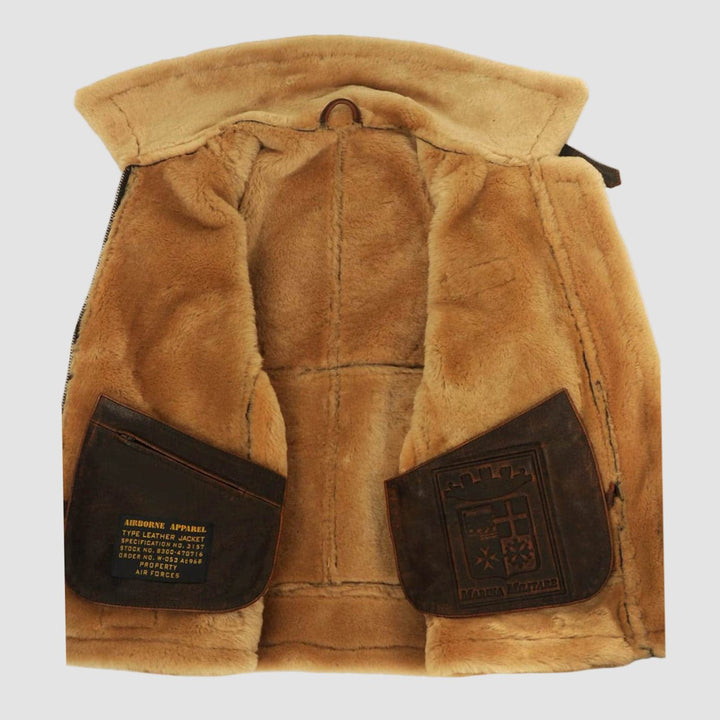 Men's Shearling B-3 Bomber Zip-Up Leather Flight Jacket