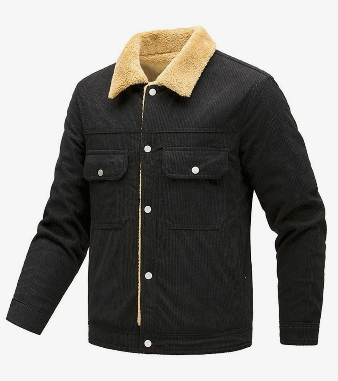 Men's Sherpa-Lined Corduroy Button-Front Jacket Chest Pockets - Black