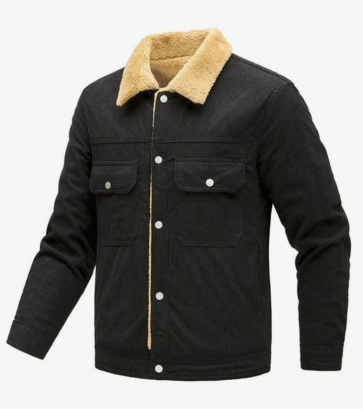 Men's Sherpa-Lined Corduroy Button-Front Jacket Chest Pockets - Black