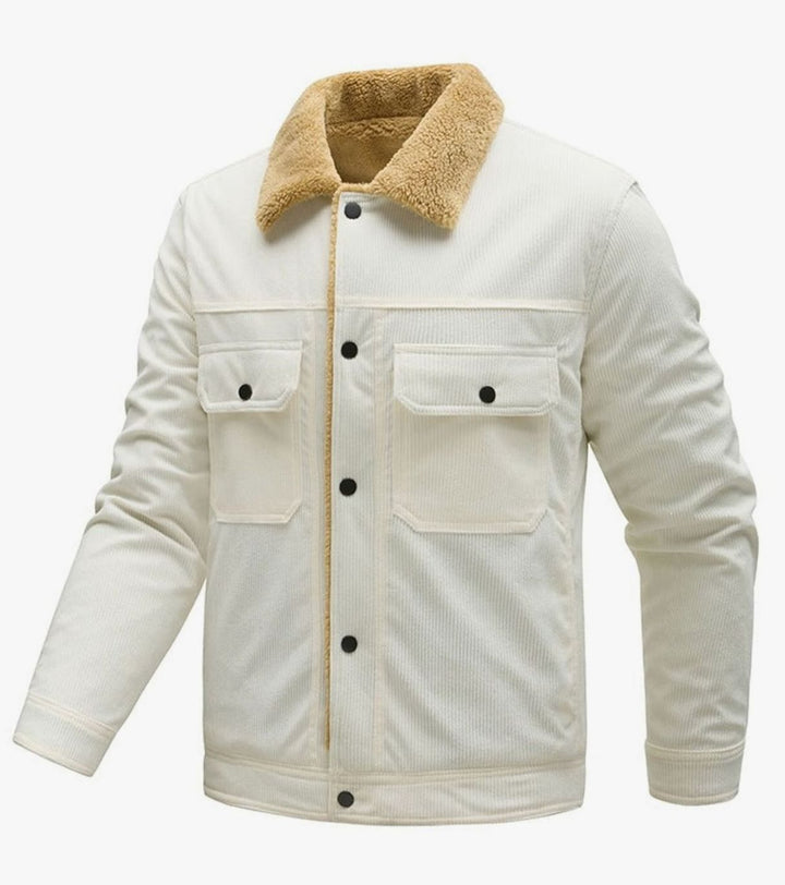 Men's Sherpa-Lined Corduroy Button-Front Jacket Chest Pockets - White