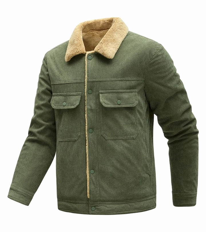 Men's Sherpa-Lined Corduroy Button-Front Jacket Chest Pockets - Olive Green (Military Green)