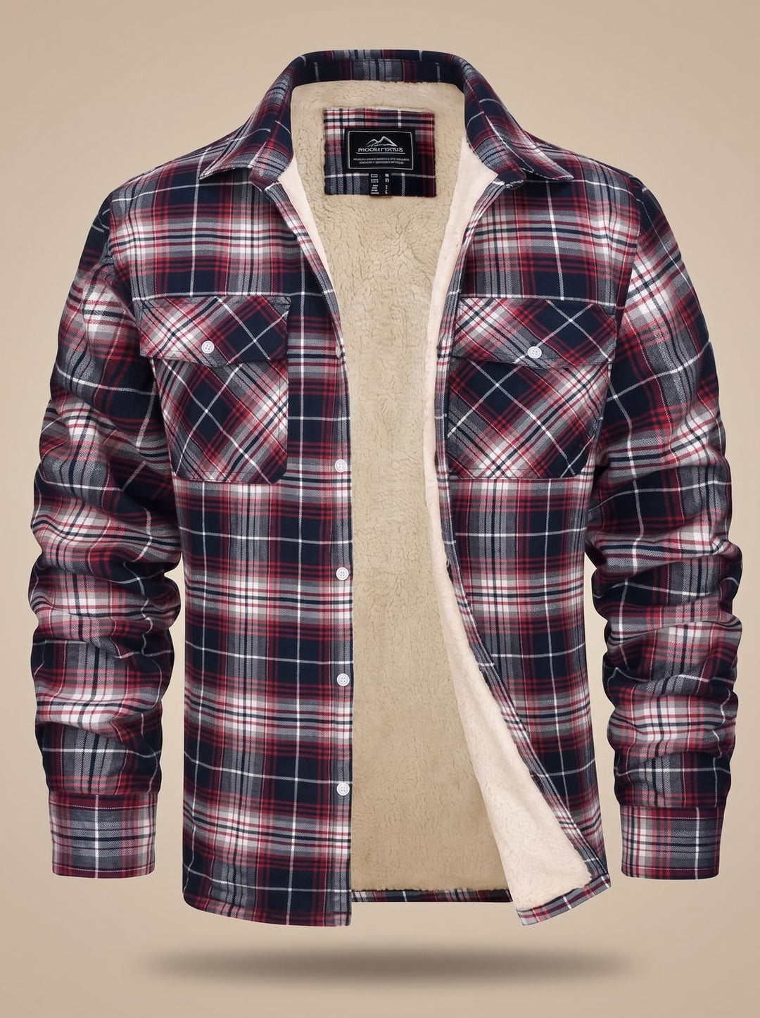 Men's Sherpa Lined Flannel Shirt Jacket Fleece Plaid Overshirt - Red