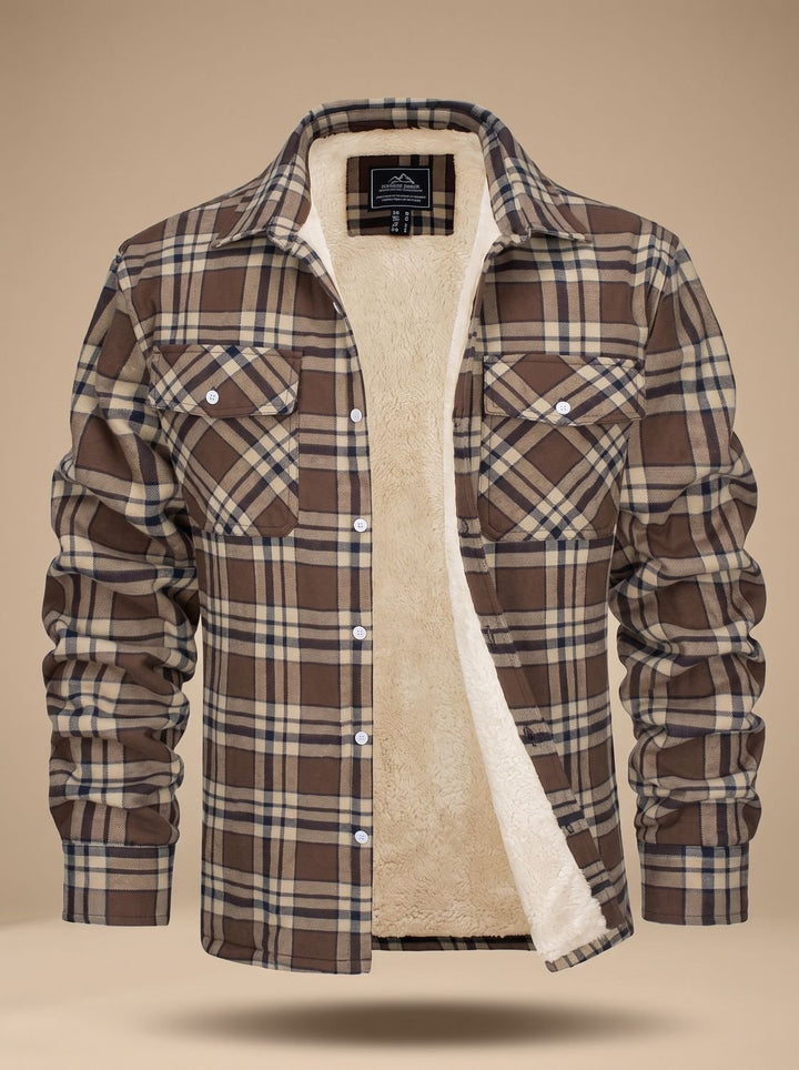 Men's Sherpa Lined Flannel Shirt Jacket Fleece Plaid Overshirt - Khaki