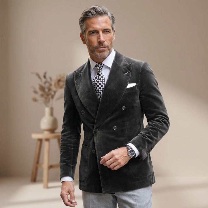 Men's Slim Fit Double-Breasted Velvet Blazer Six-Button Jacket - Gray