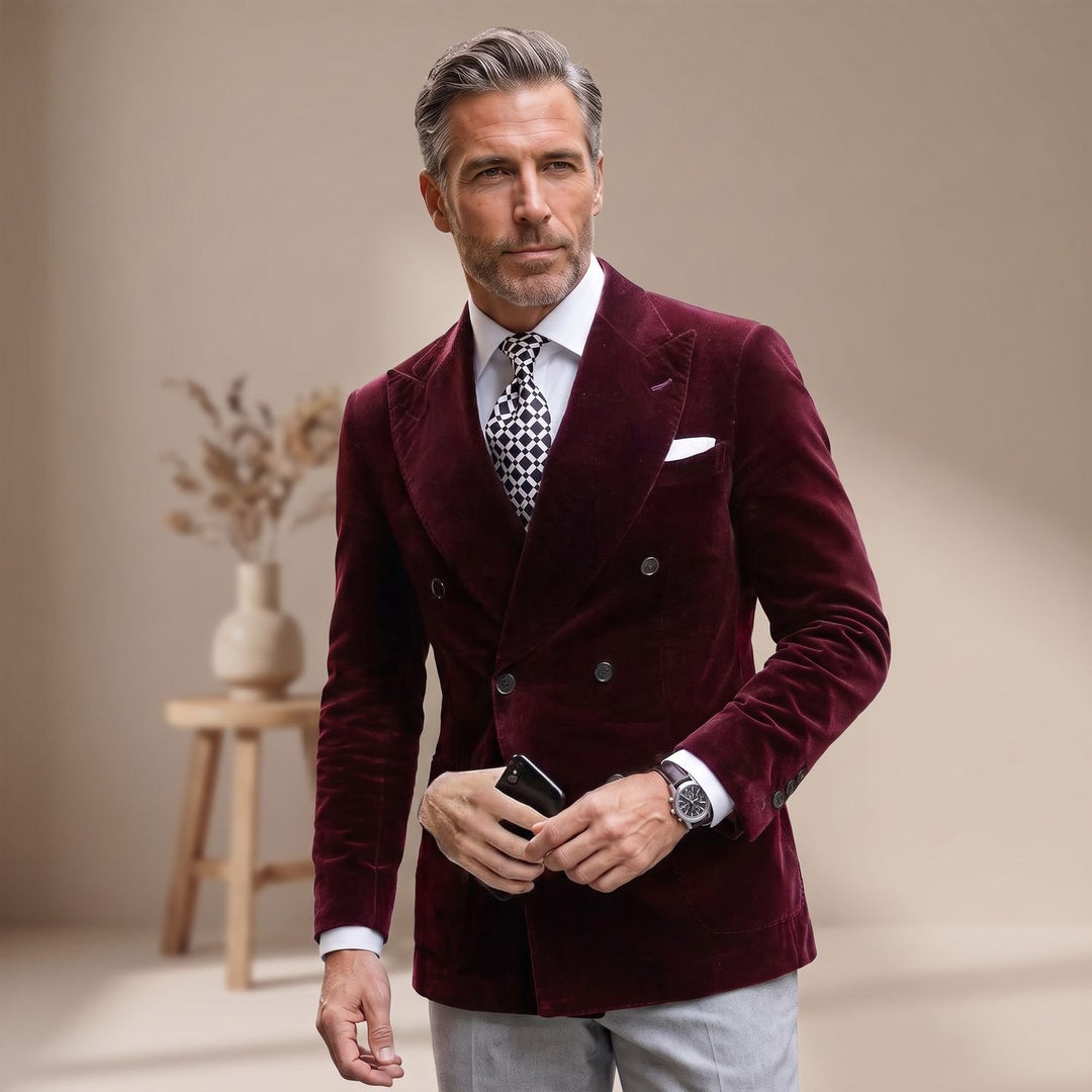 Men's Slim Fit Double-Breasted Velvet Blazer Six-Button Jacket - Burgundy