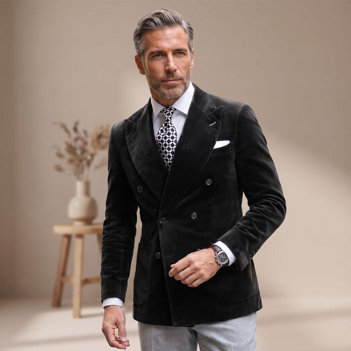 Men's Slim Fit Double-Breasted Velvet Blazer Six-Button Jacket - Black