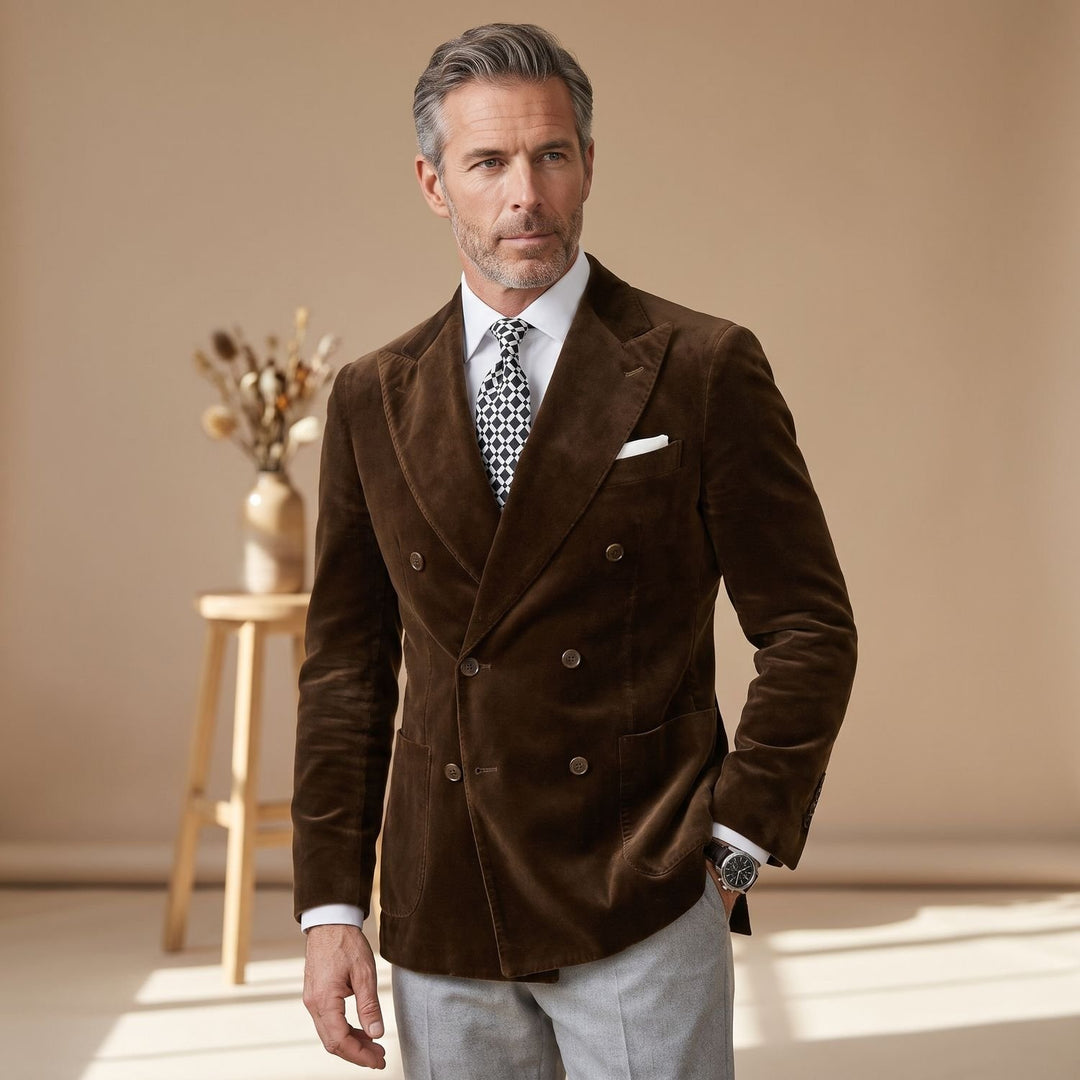 Men's Slim Fit Double-Breasted Velvet Blazer Six-Button Jacket - Brown