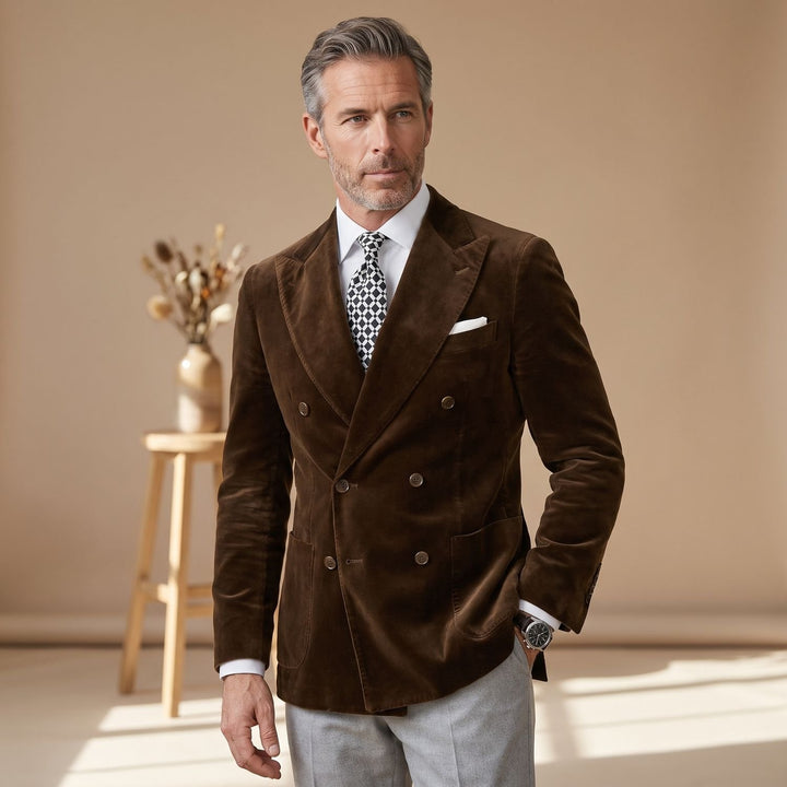 Men's Slim Fit Double-Breasted Velvet Blazer Six-Button Jacket - Brown