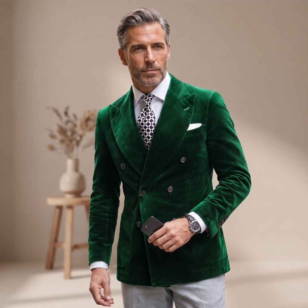 Men's Slim Fit Double-Breasted Velvet Blazer Six-Button Jacket - Green