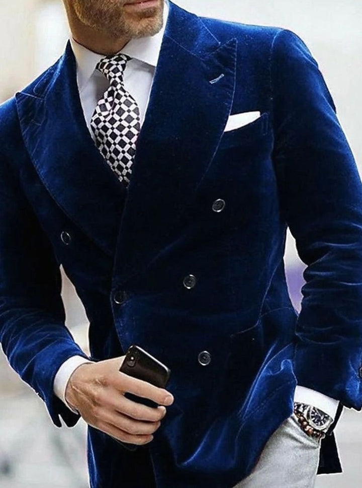 Men's Slim Fit Double-Breasted Velvet Blazer Six-Button Jacket - Royal Blue