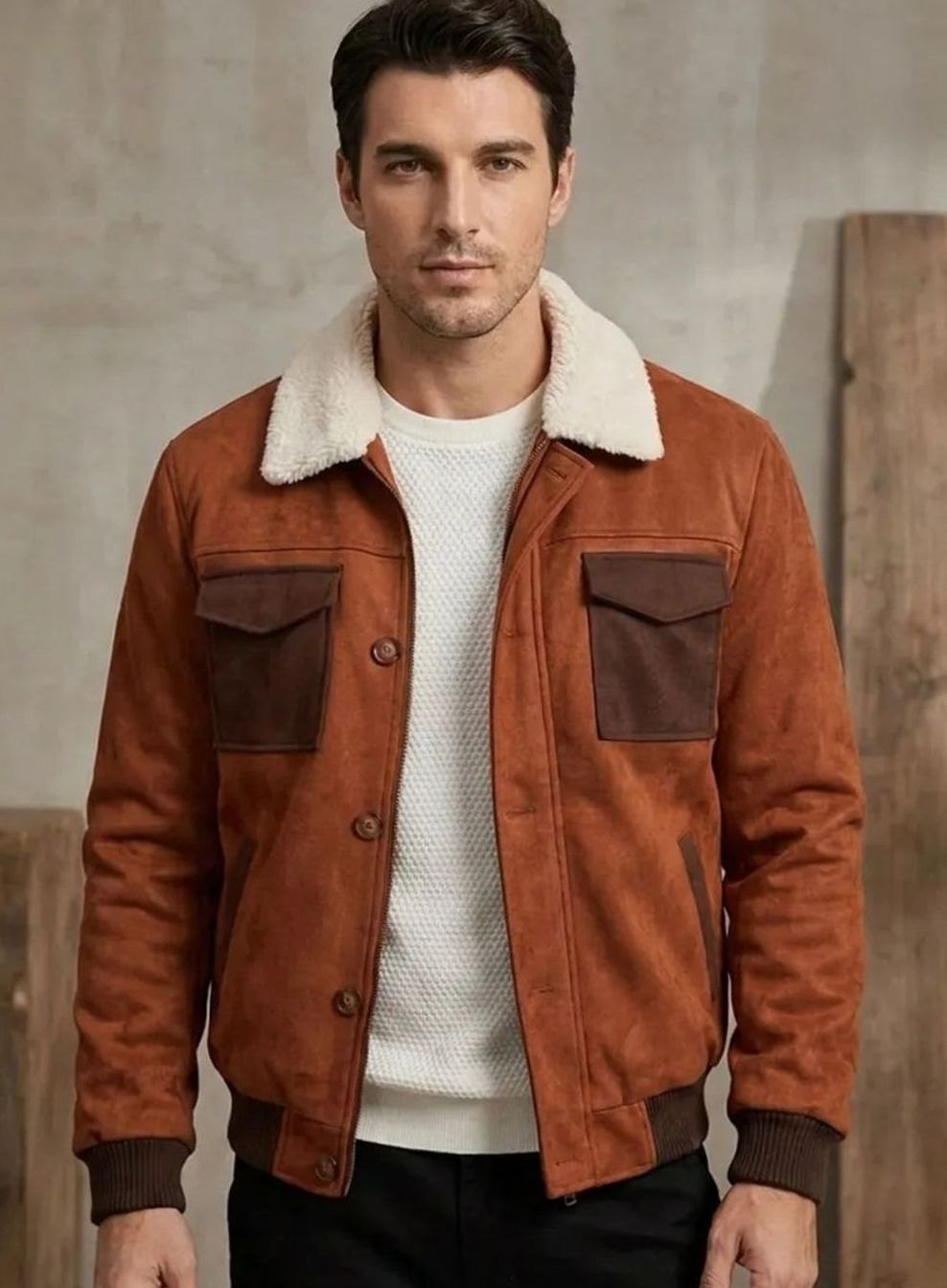 Men's Suede Sherpa-Lined Button-Front Bomber Jacket