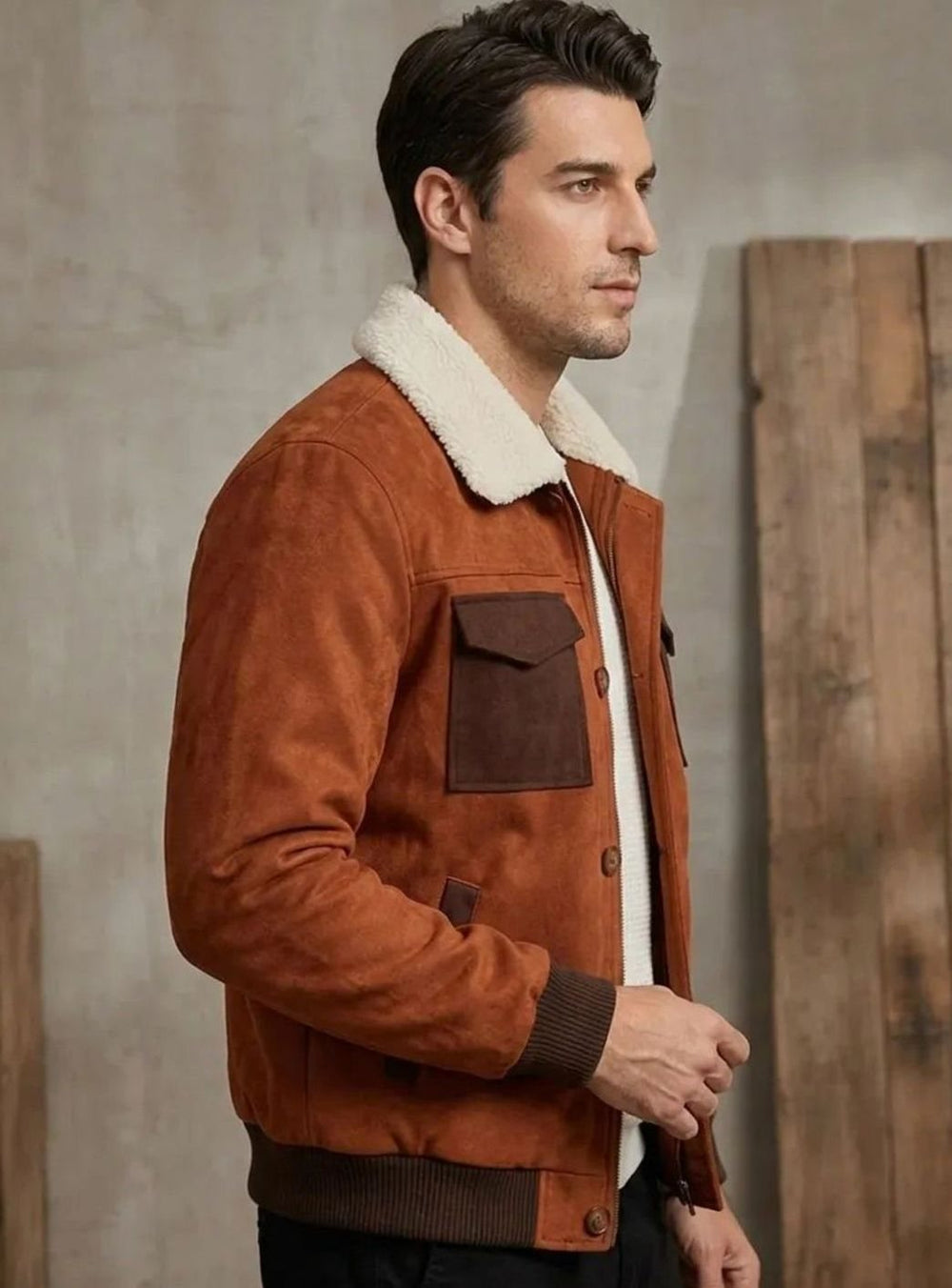 Men's Suede Sherpa-Lined Button-Front Bomber Jacket