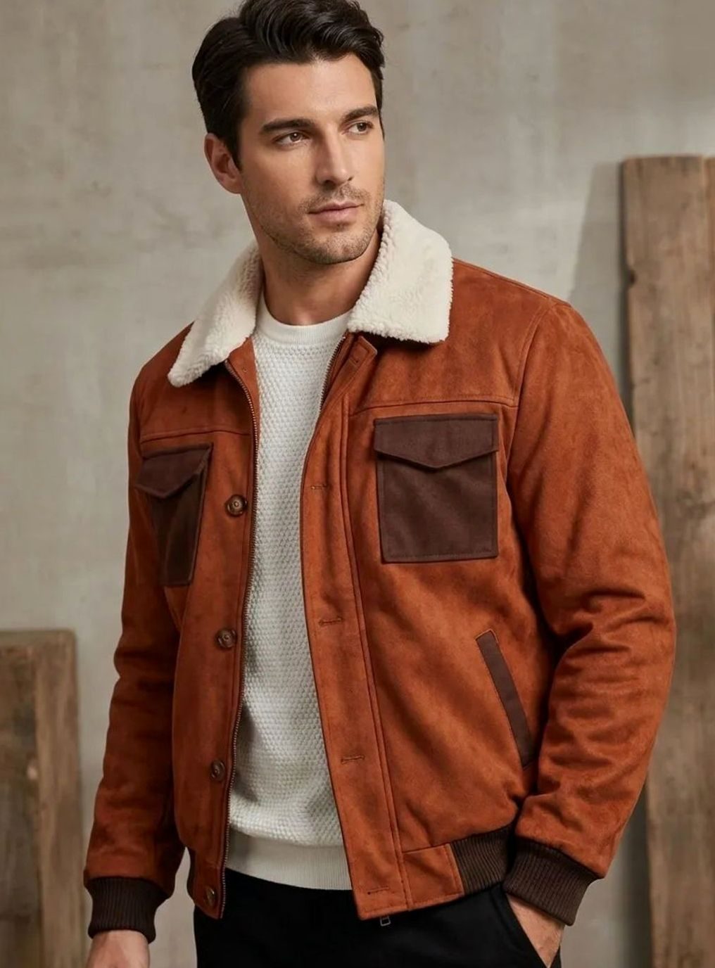 Men's Suede Sherpa-Lined Button-Front Bomber Jacket