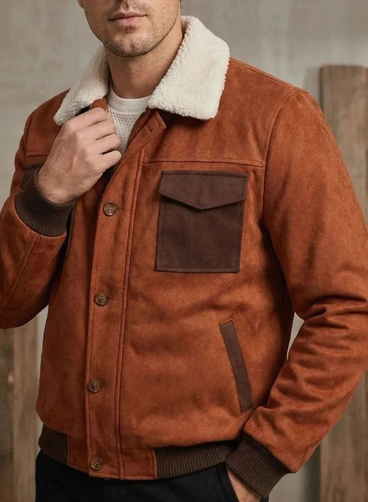 Men's Suede Sherpa-Lined Button-Front Bomber Jacket