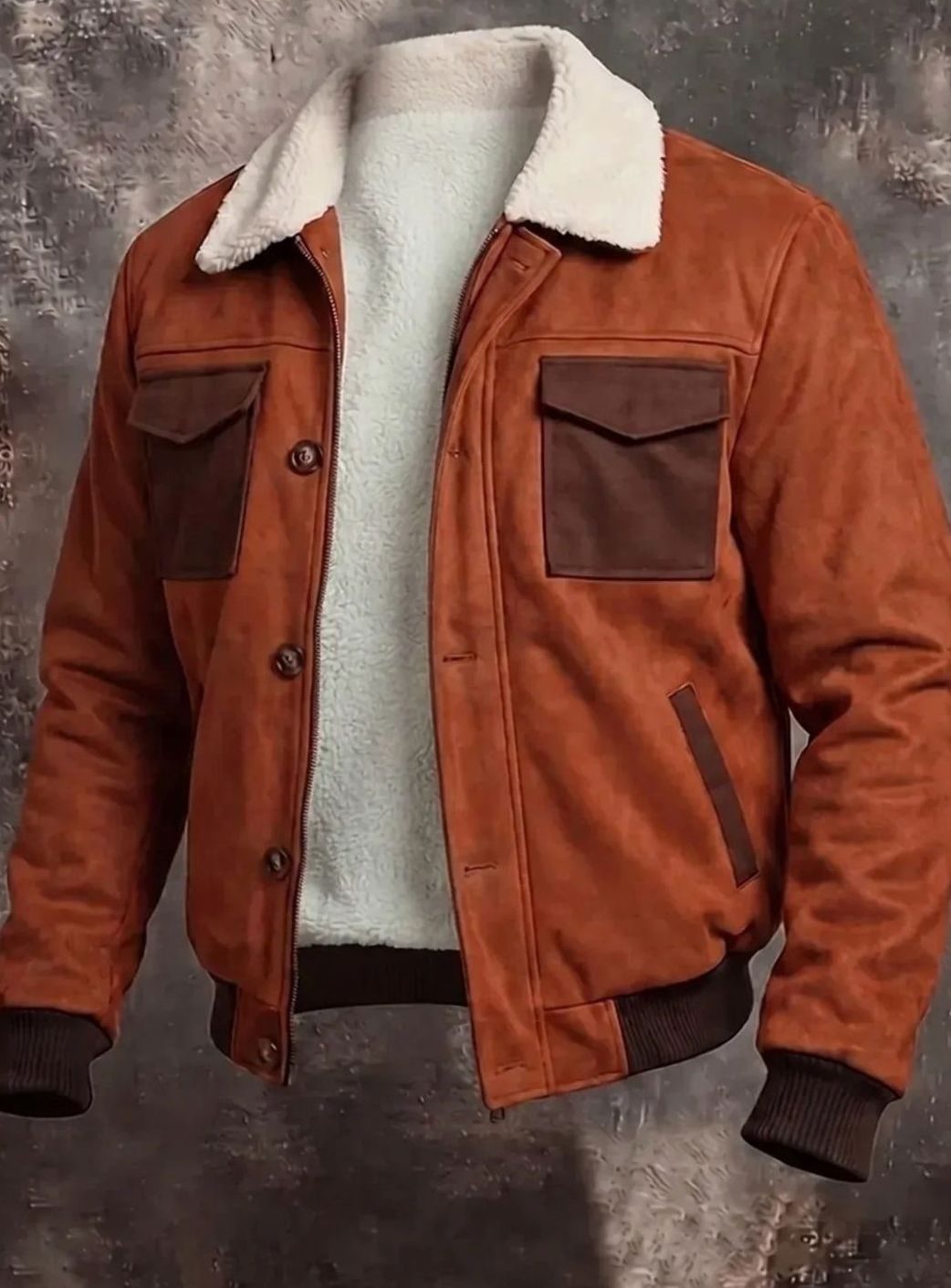 Men's Suede Sherpa-Lined Button-Front Bomber Jacket