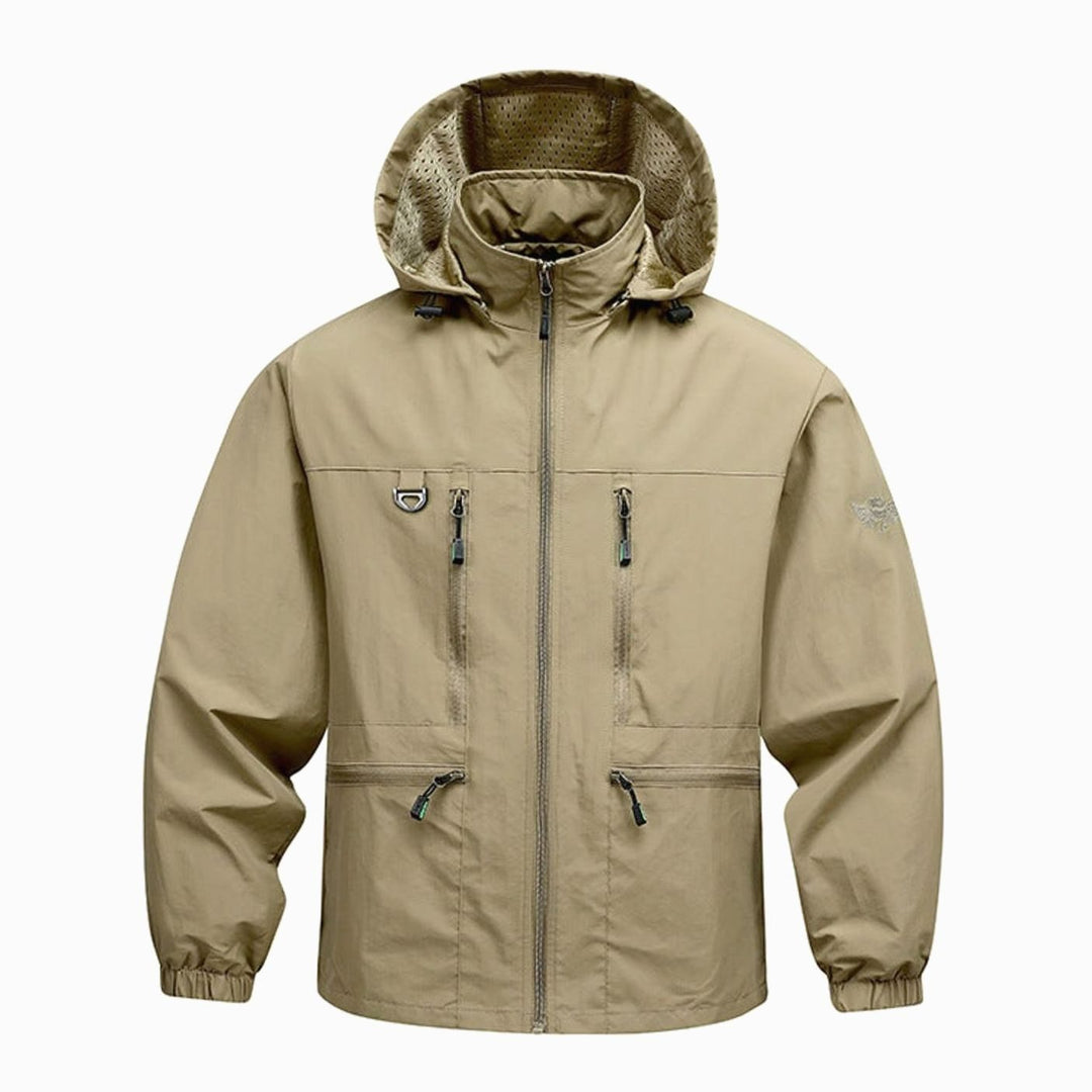 Men's Waterproof Hooded Windbreaker Jacket Multi-Pocket - Khaki