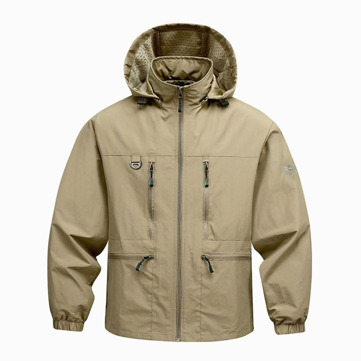 Men's Waterproof Hooded Windbreaker Jacket Multi-Pocket - Khaki