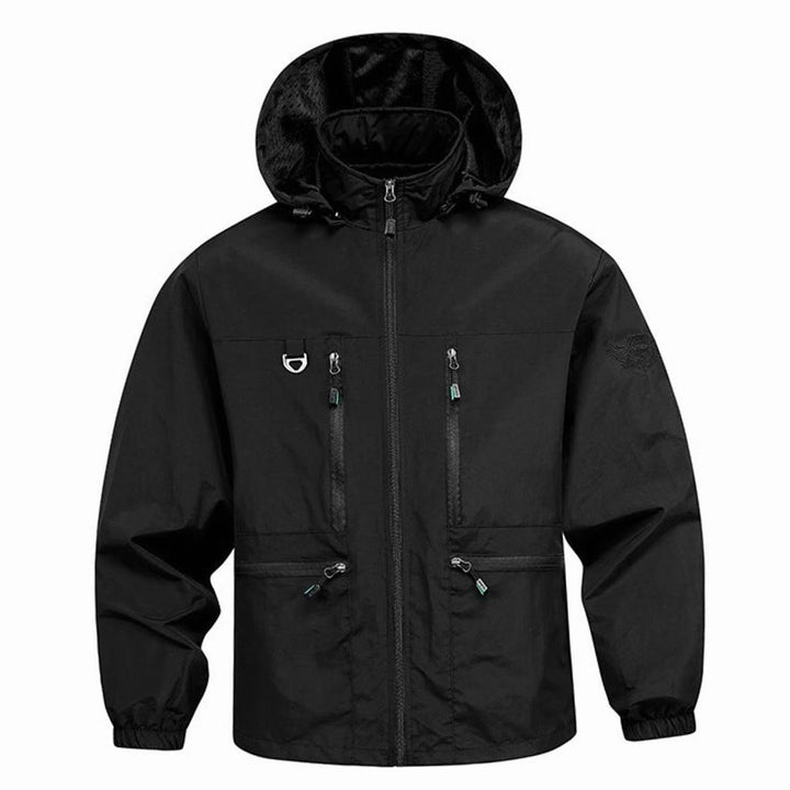 Men's Waterproof Hooded Windbreaker Jacket Multi-Pocket - Black